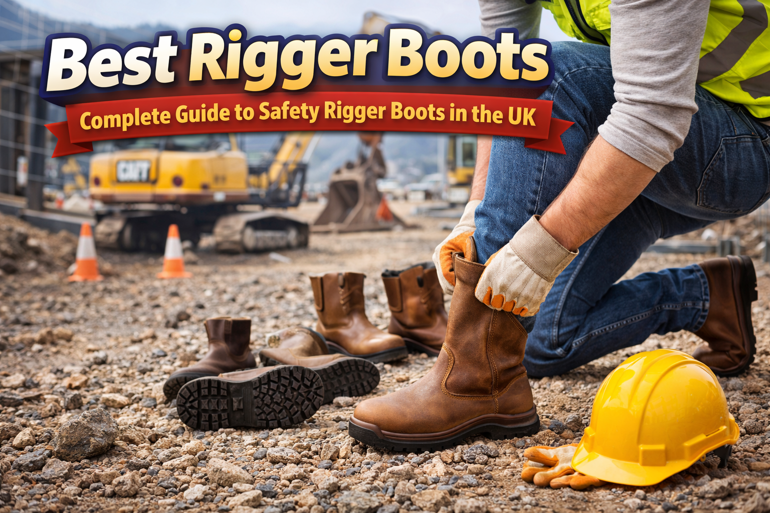 Best safety rigger boots UK displayed with a construction worker tying boots on a building site.