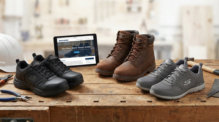 Skechers work shoes and boots displayed on a wooden table with a guide on an iPad.