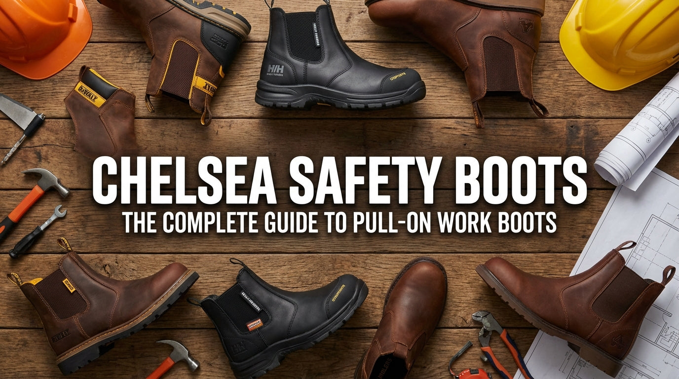 Chelsea safety boots guide showcasing various pull-on work boots on a wooden surface with tools and a helmet.