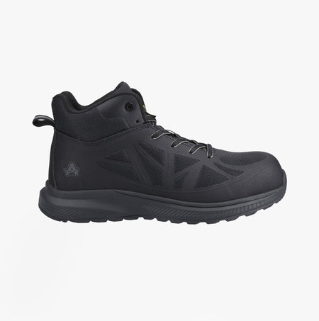 Amblers Safety RELAY Mens Safety Hiker Boots Black side view showcasing lace-up design and composite toe cap.