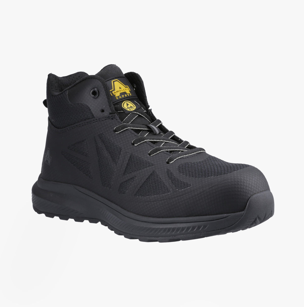 Amblers Safety RELAY Mens Safety Hiker Boots Black side view showing safety features and lace-up design.