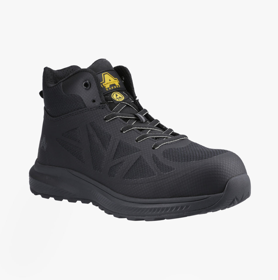 Amblers Safety RELAY Mens Safety Hiker Boots Black side view showing safety features and lace-up design.