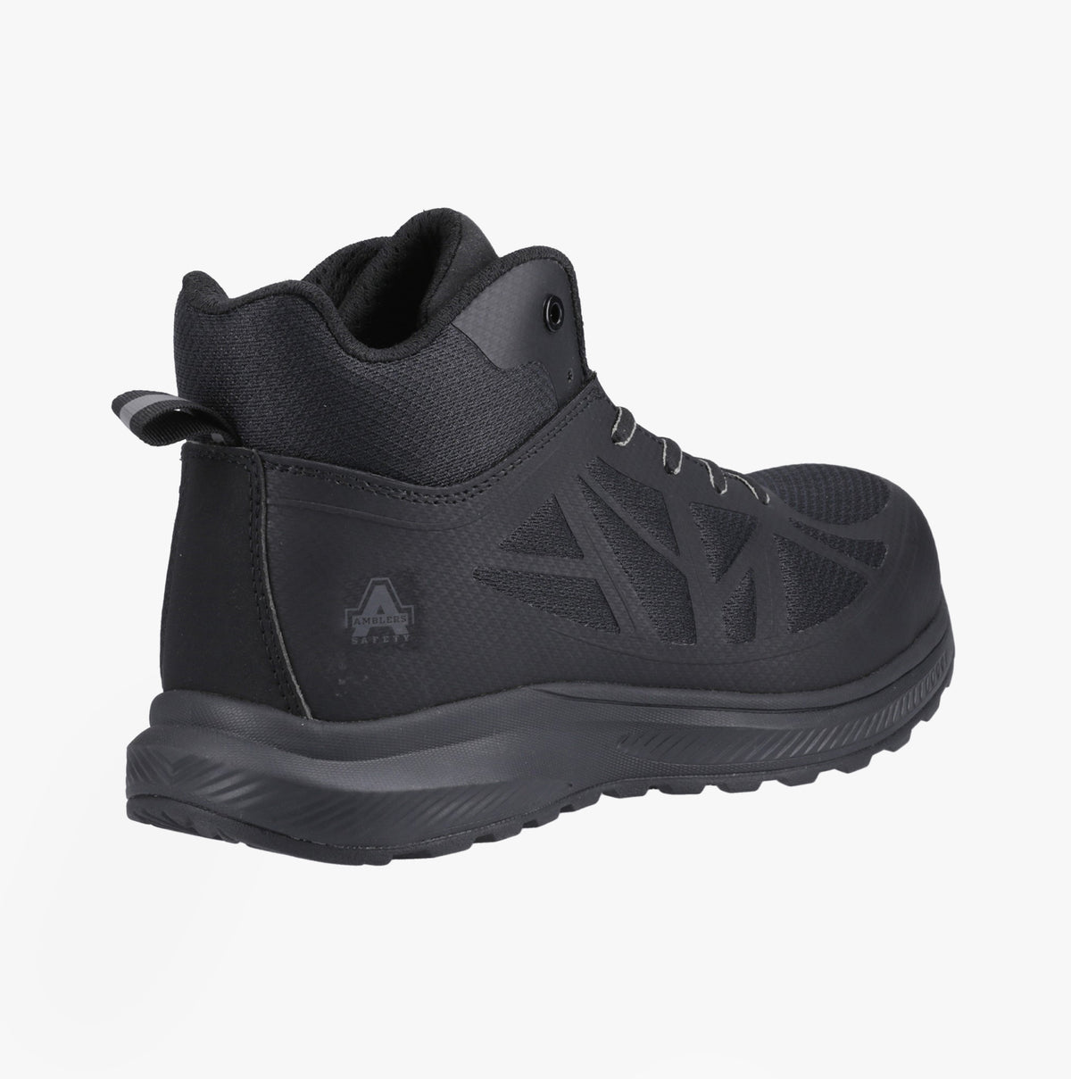 Amblers Safety RELAY Mens Safety Hiker Boots Black, side view with mesh upper and rubber sole.