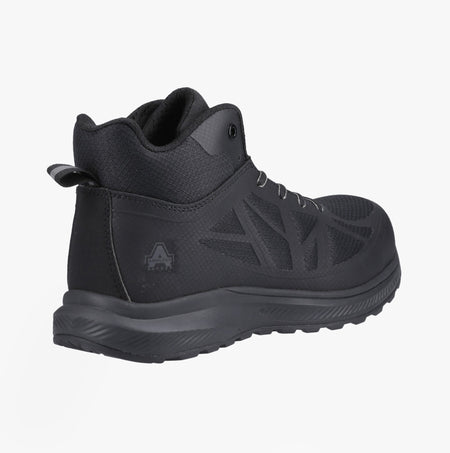 Amblers Safety RELAY Mens Safety Hiker Boots Black, side view with mesh upper and rubber sole.