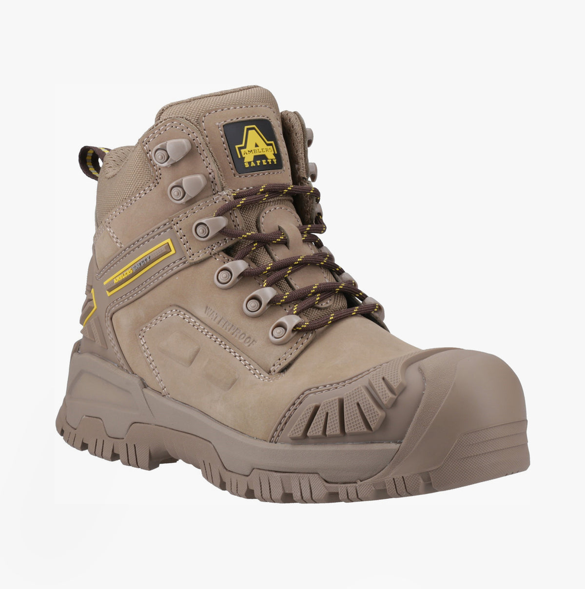 Amblers Safety MARY Womens Safety Boots Stone side view showcasing durable leather upper and lace-up design.