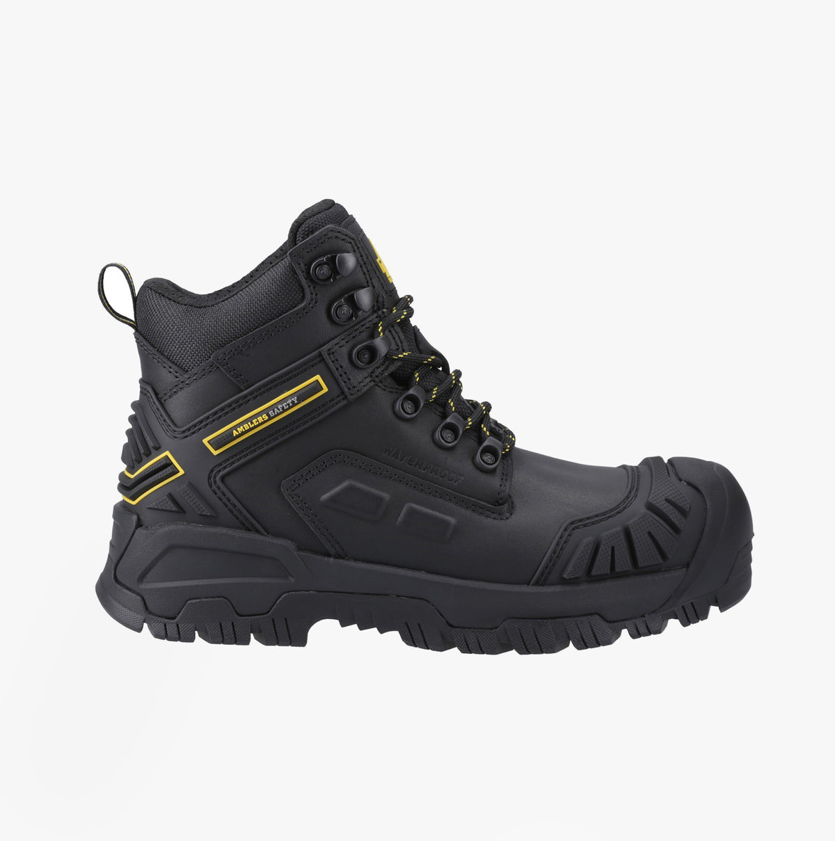 Amblers Safety MARY Womens Safety Boots Black side view featuring durable leather upper and rubber sole.