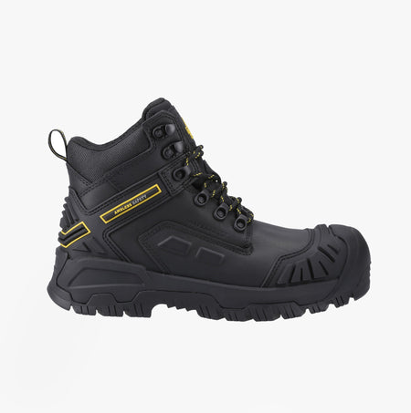 Amblers Safety MARY Womens Safety Boots Black side view featuring durable leather upper and rubber sole.
