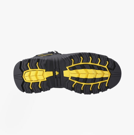 Amblers Safety MARY Womens Safety Boots Black bottom view featuring rubber/EVA sole with yellow accents.