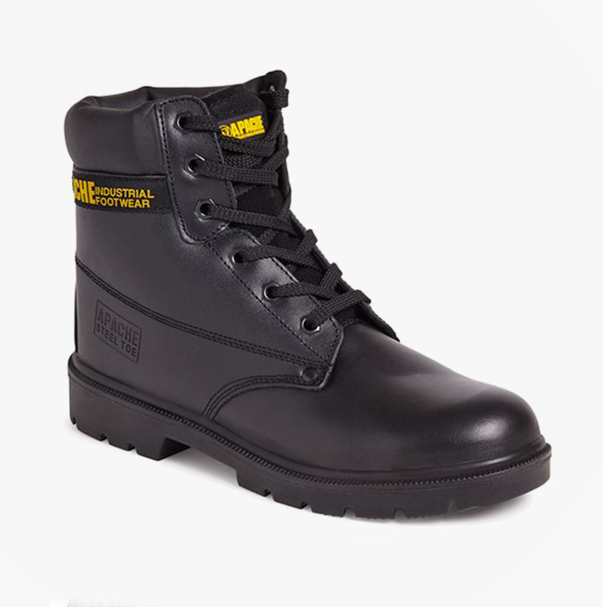Apache AP300 Unisex Boots Black side view showcasing leather upper, lace-up design, and ankle height.