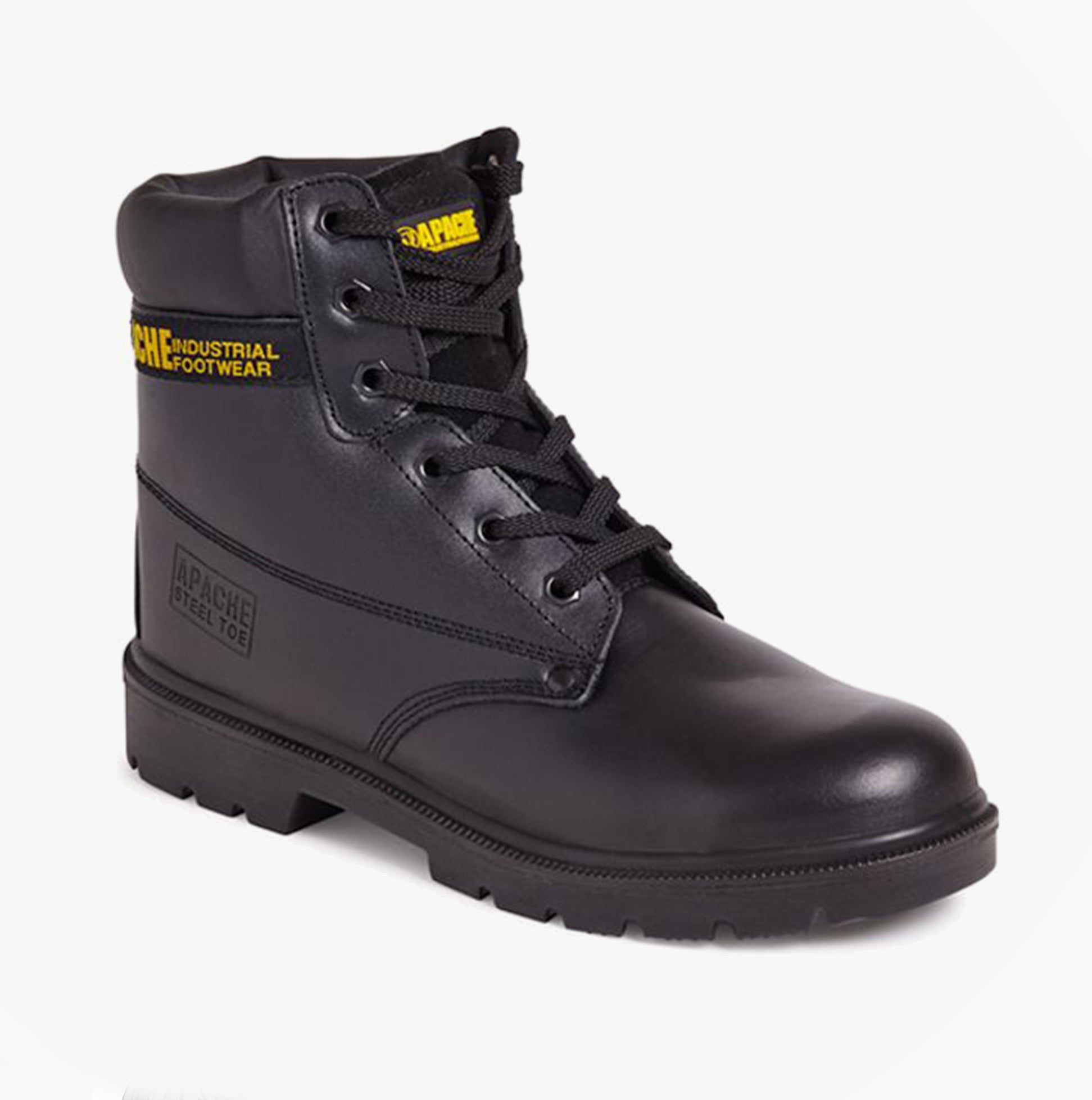 Apache AP300 Unisex Boots Black side view showcasing leather upper, lace-up design, and ankle height.