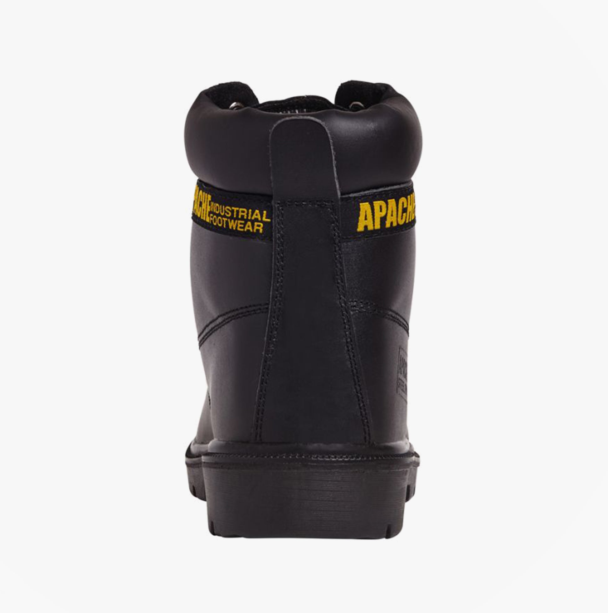 Apache AP300 Unisex Boots Black back view showcasing robust leather construction and distinct branding.