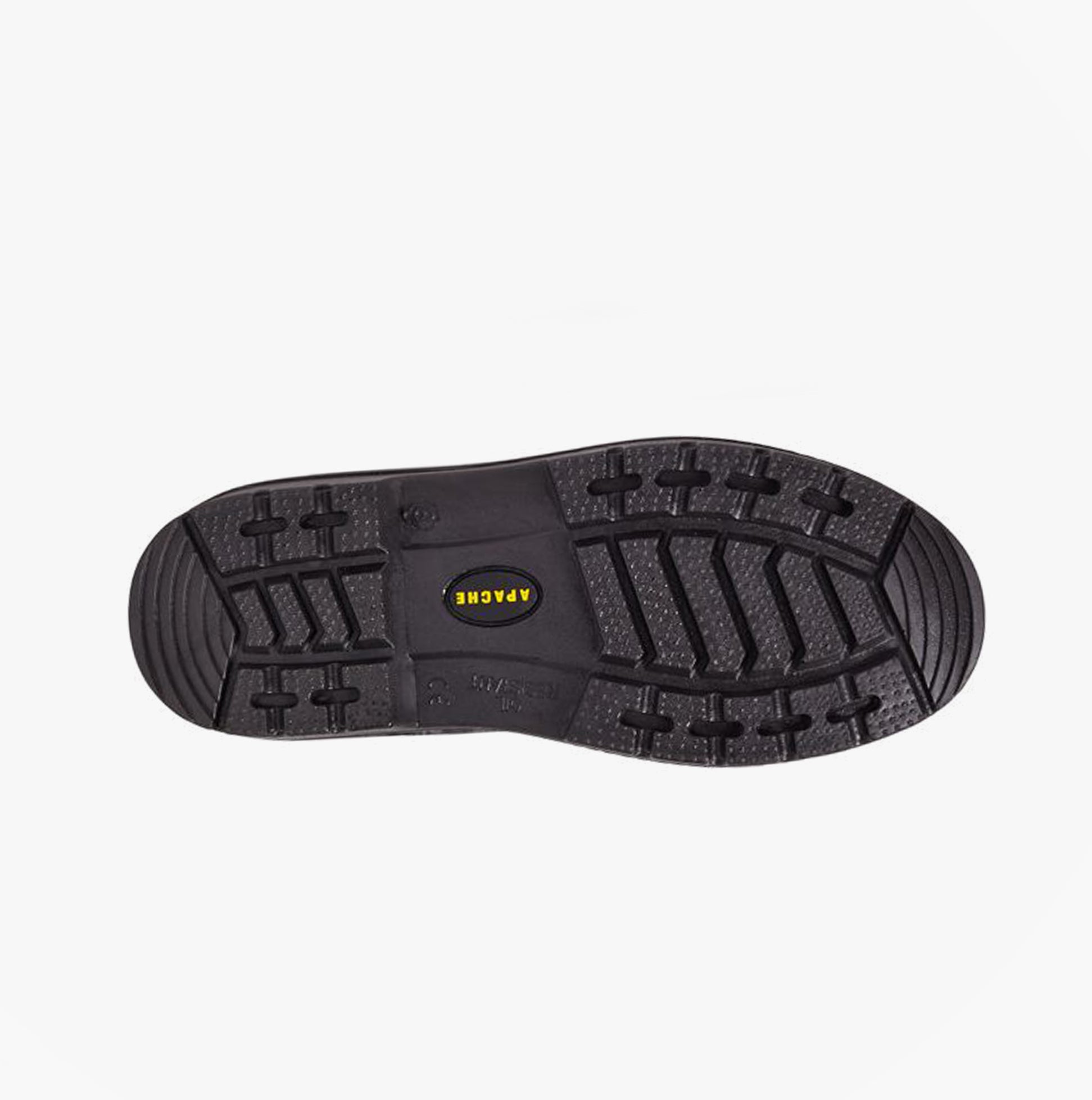 Apache AP300 Unisex Boots Black sole view, featuring rubber outsole with anti-slip tread design.