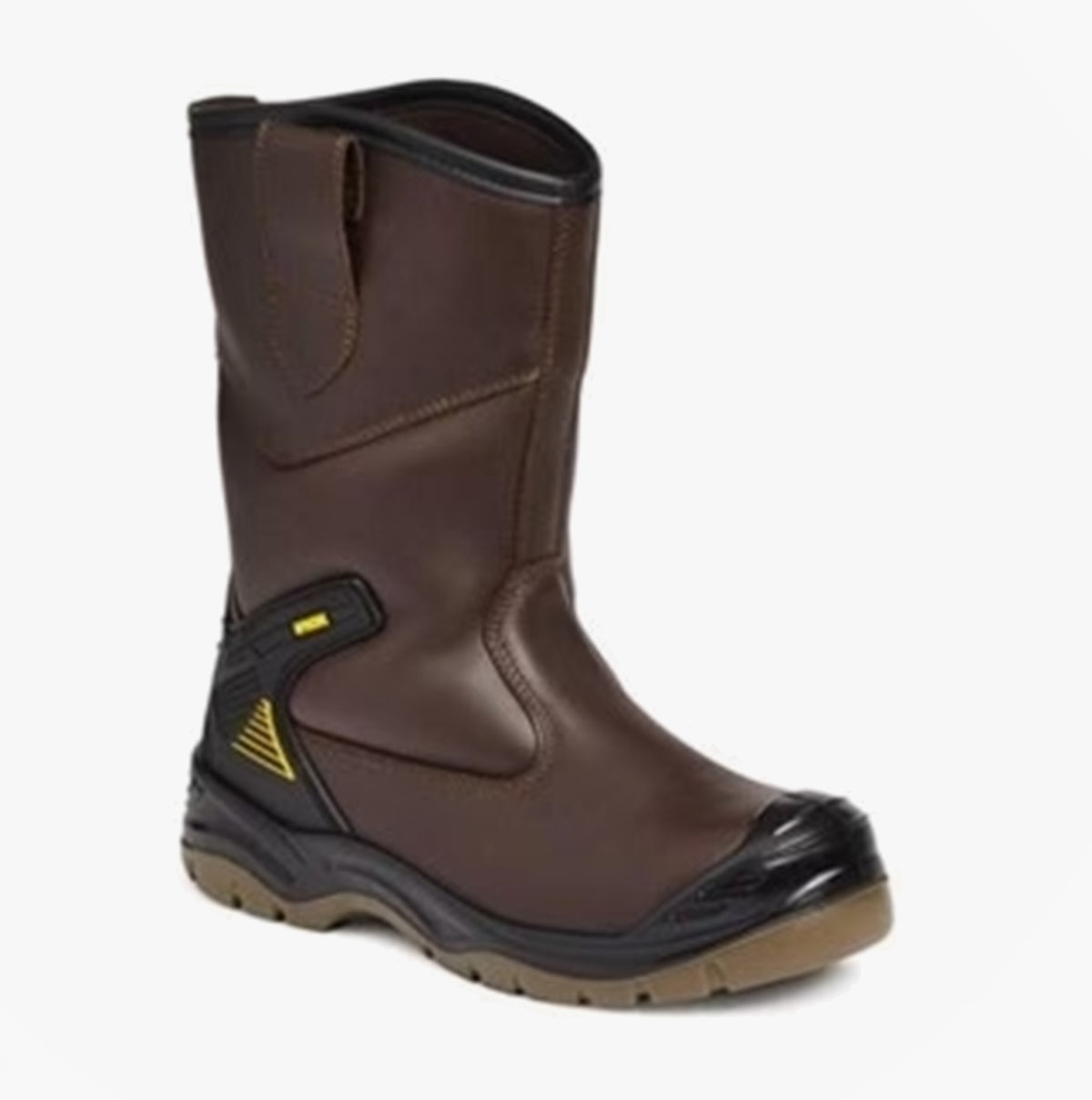Apache AP305 Unisex Rigger Boots Brown side view showing leather upper and rubber sole, designed for comfort and safety.