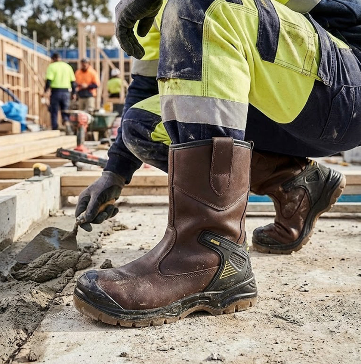 Apache AP305 Unisex Rigger Boots Brown side view of boots worn on construction site, showcasing comfort and safety features.
