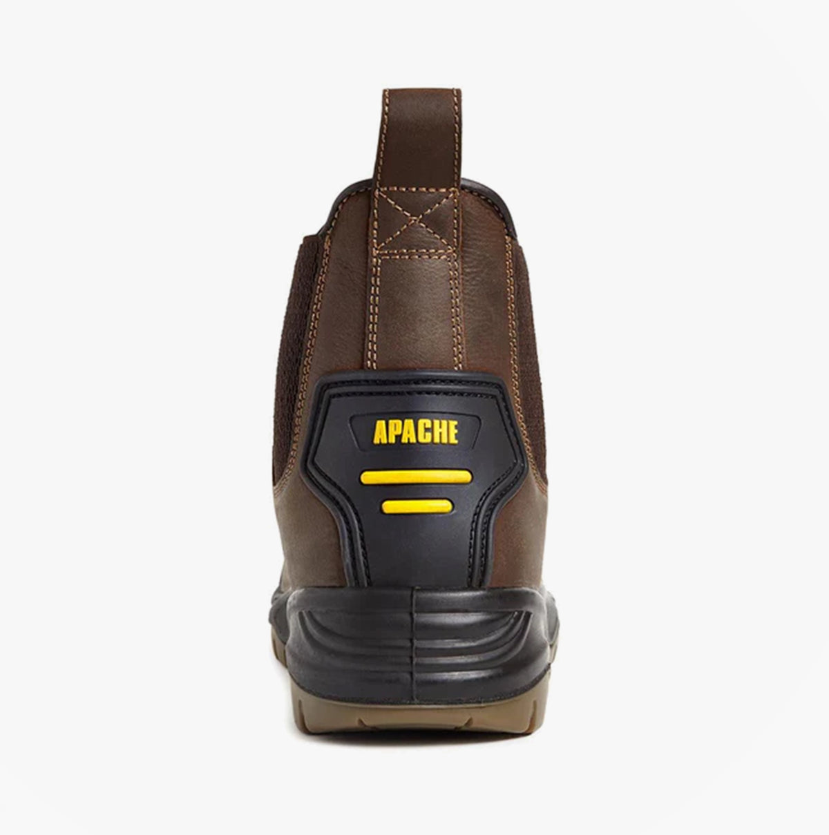 Apache AP715SM Unisex Dealer Boots Brown rear view highlighting the pull-on design and yellow brand logo.