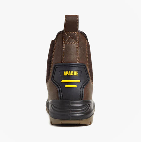 Apache AP715SM Unisex Dealer Boots Brown rear view highlighting the pull-on design and yellow brand logo.