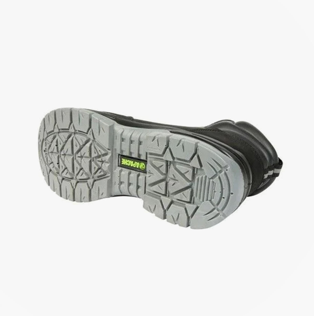 Apache ARMSTRONG Unisex Boots Black sole view showcasing slip-resistant tread and durable rubber material.