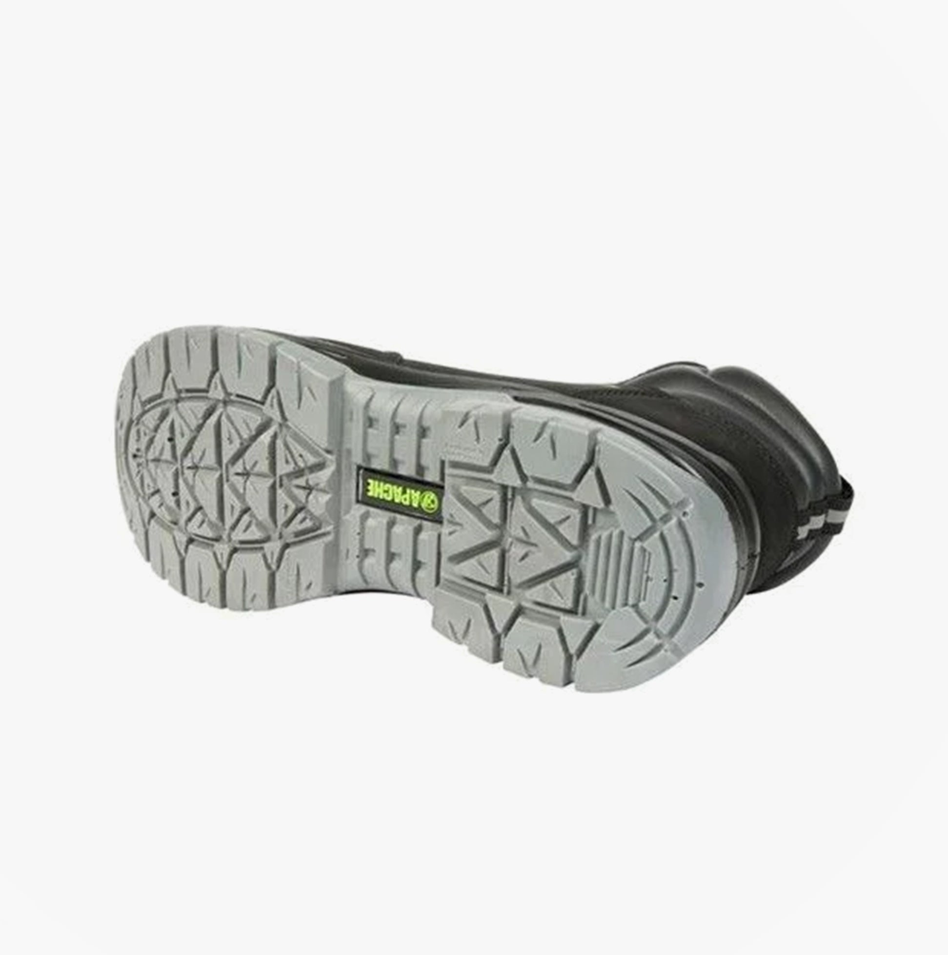 Apache ARMSTRONG Unisex Boots Black sole view showcasing slip-resistant tread and durable rubber material.