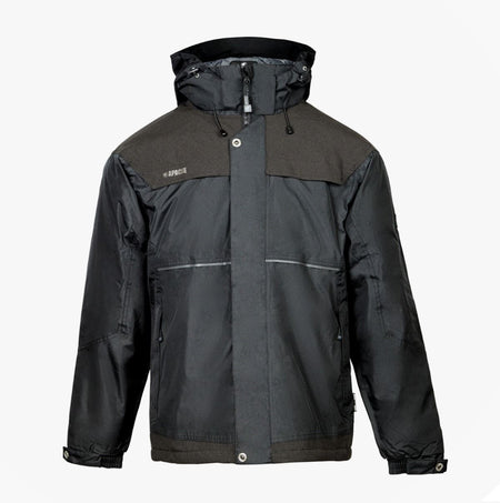 Apache ATS Mens Waterproof Coat Black front view hooded jacket with elasticated cuffs and drawcord hem.