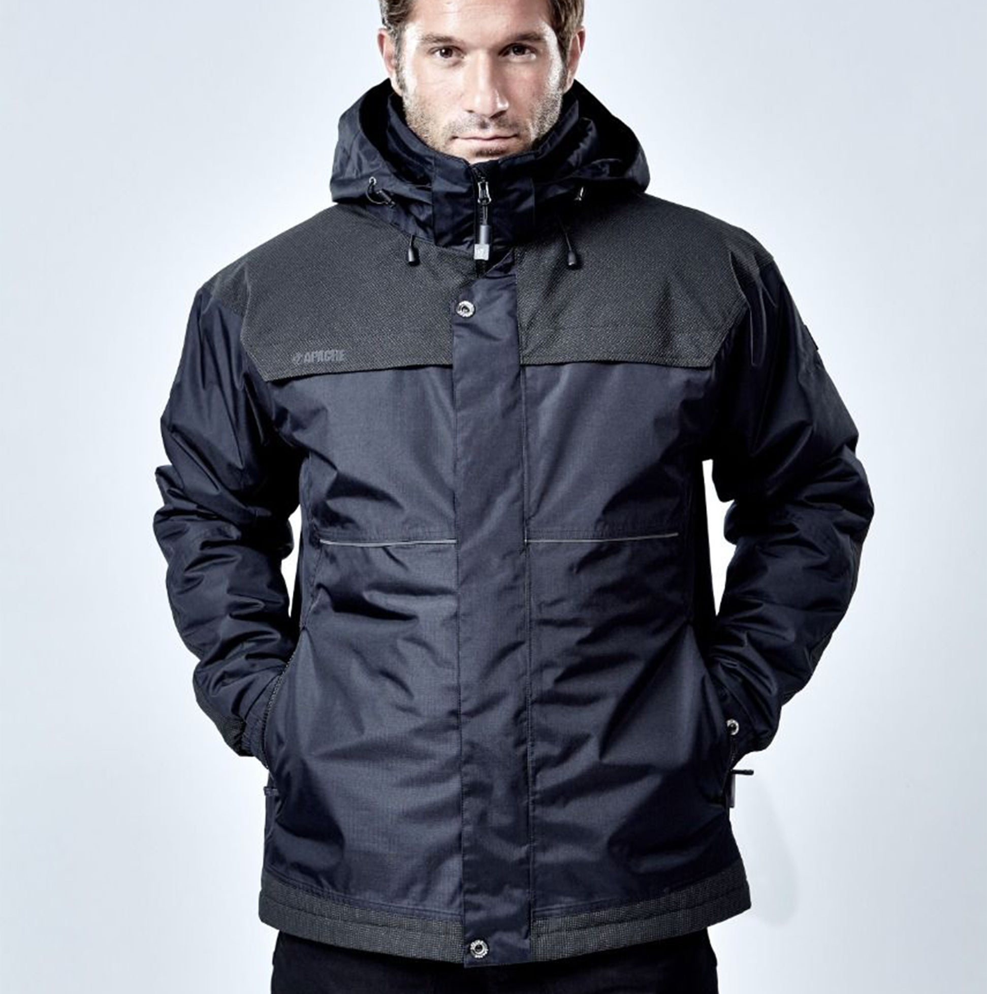 Apache ATS Mens Waterproof Coat Black front view with a hood, showing the elasticated cuffs and sealed seams.