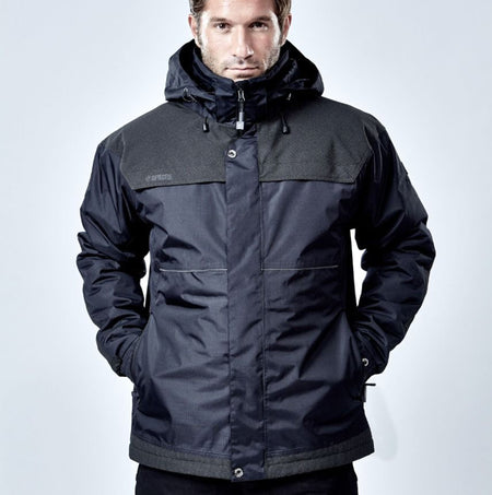 Apache ATS Mens Waterproof Coat Black front view with a hood, showing the elasticated cuffs and sealed seams.