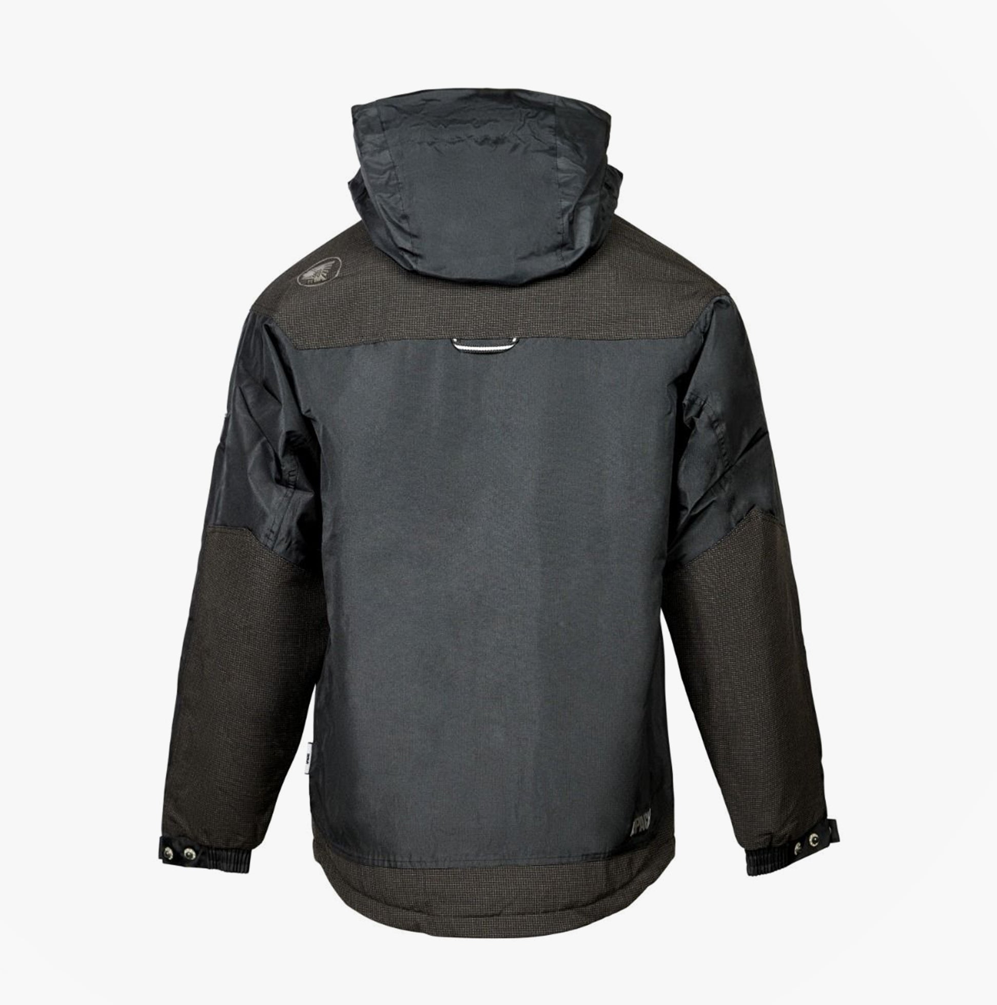 Apache ATS Mens Waterproof Coat Black back view, hooded, waterproof jacket with elasticated cuffs.