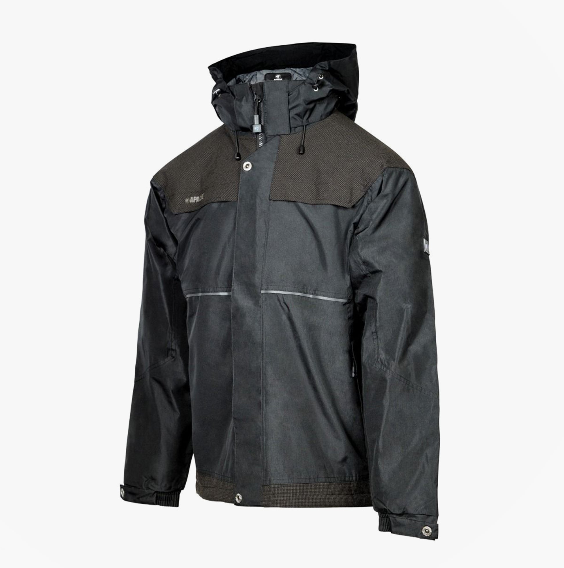 Apache ATS Mens Waterproof Coat Black side view showing hood and detailed stitching features.