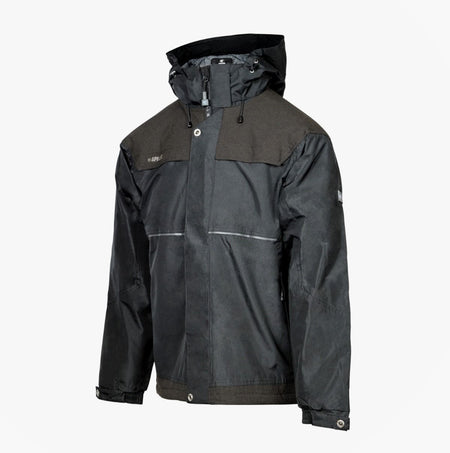 Apache ATS Mens Waterproof Coat Black side view showing hood and detailed stitching features.