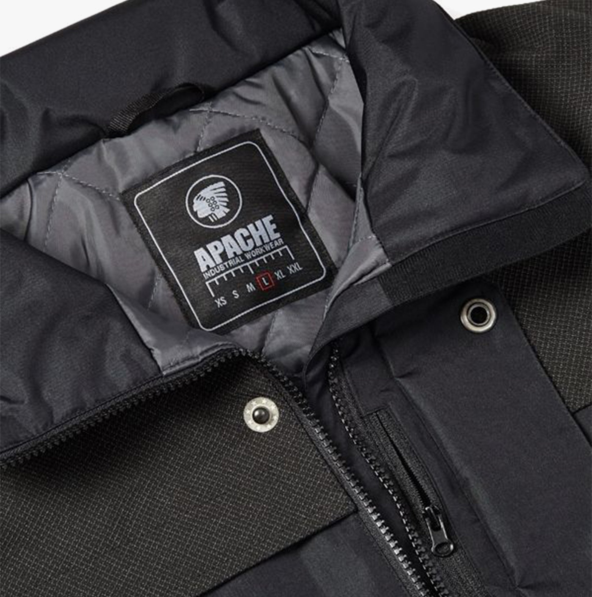 Apache ATS Mens Waterproof Coat Black interior detail view showcasing label and fabric texture.