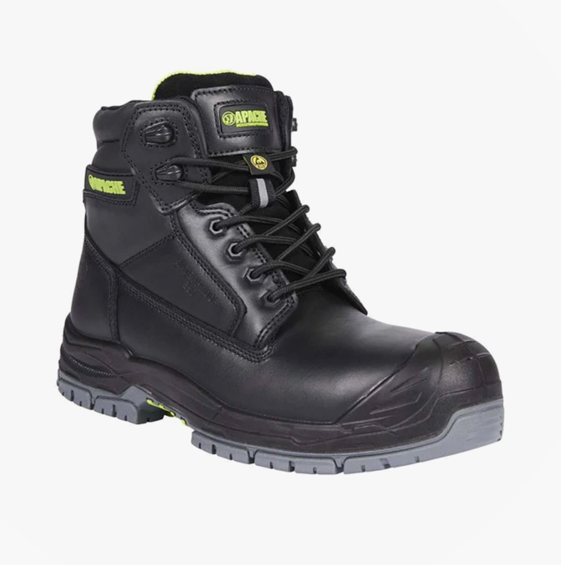 Apache CRANBROOK Unisex Boots Black side view showcasing leather upper, lace-up design, and rubber sole.