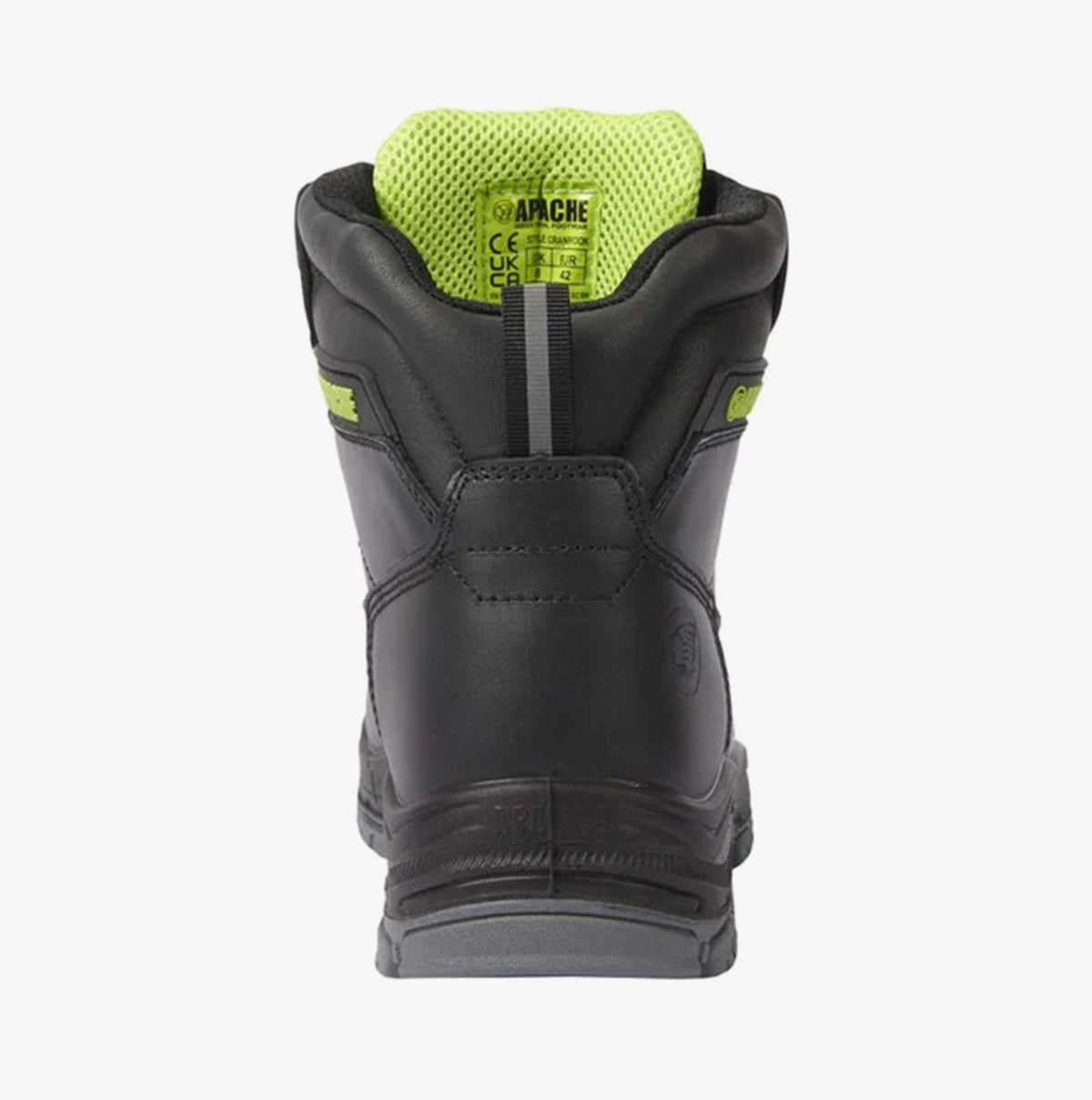 Apache CRANBROOK Unisex Boots Black rear view with green lining and safety features.