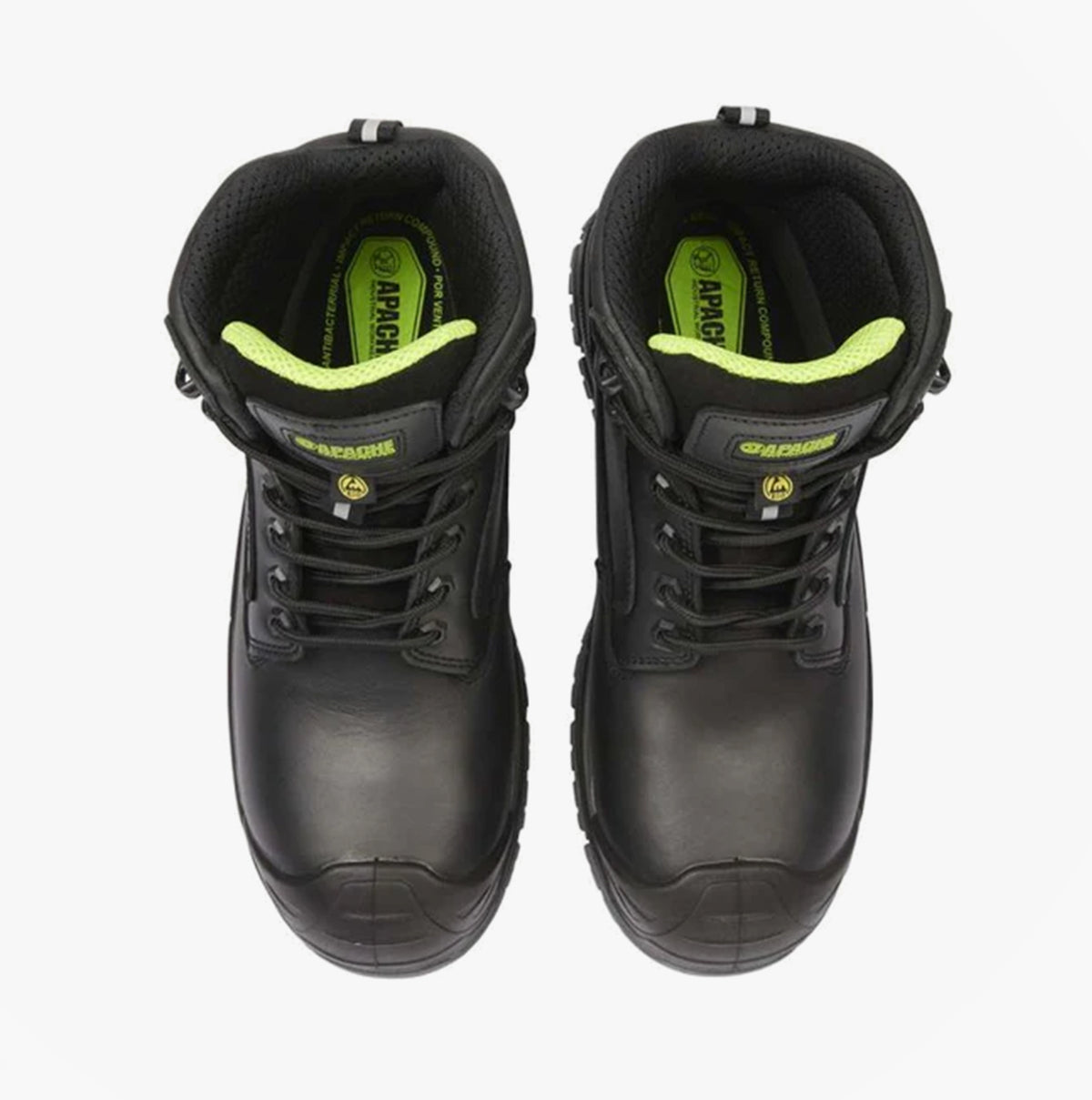 Apache CRANBROOK Unisex Boots Black top view showcasing black leather upper and green detailing.