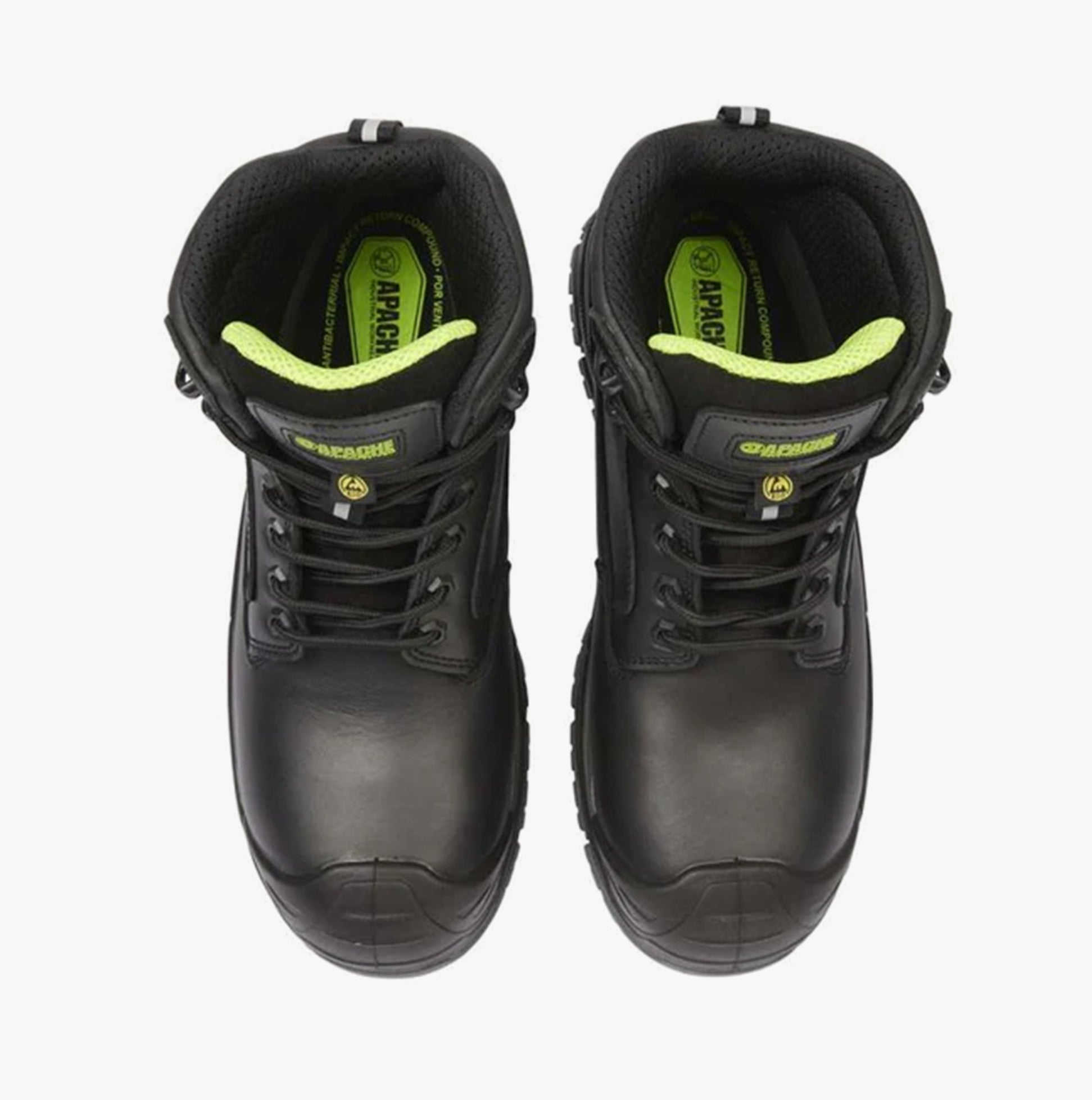 Apache CRANBROOK Unisex Boots Black top view showcasing black leather upper and green detailing.