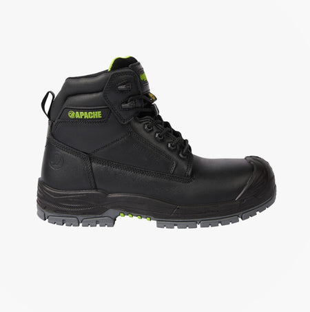 Apache CRANBROOK Unisex Boots Black side view showcasing leather upper, lace-up closure, and slip-resistant sole.