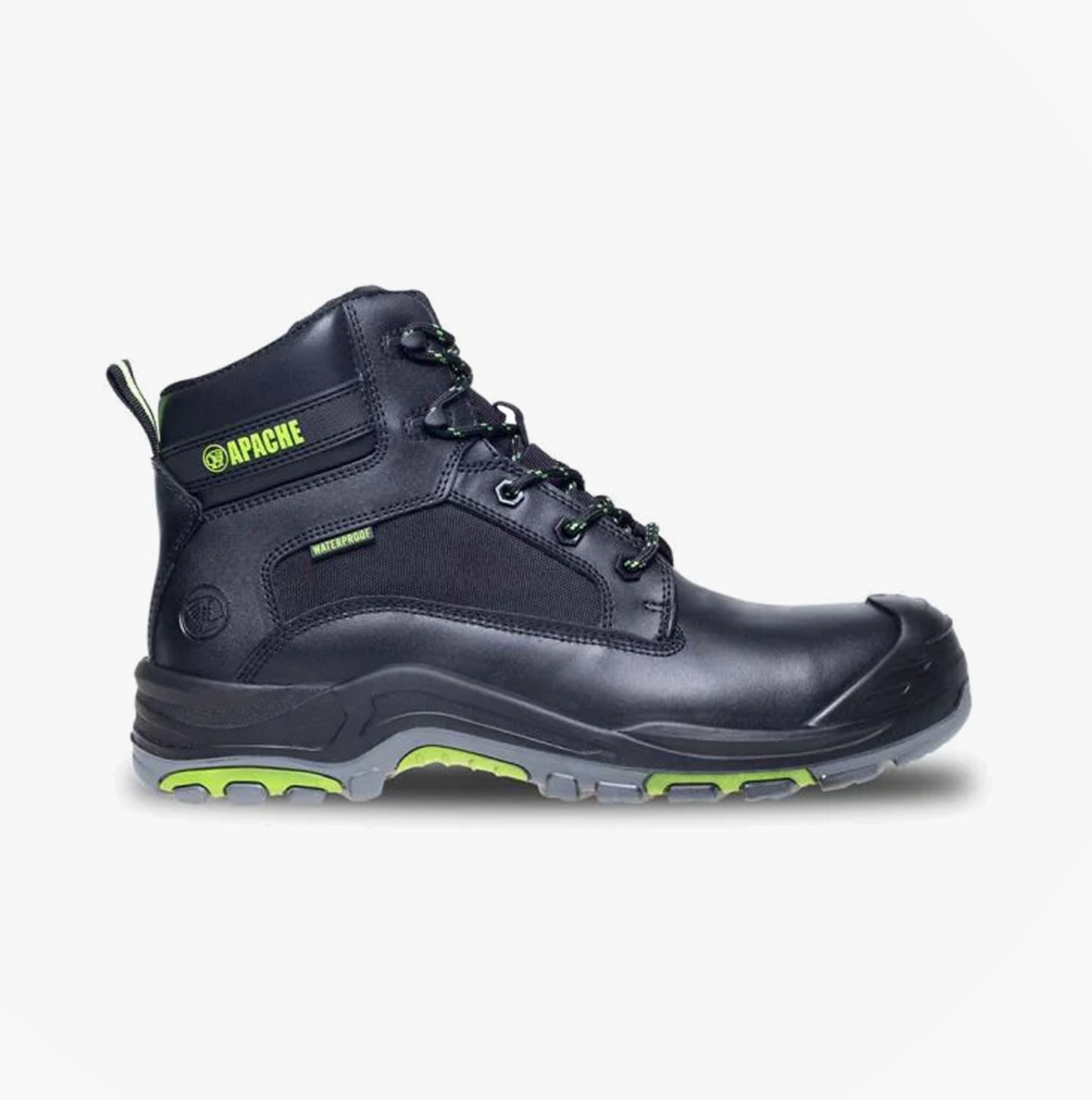 Apache DAKOTA Unisex Boots Black side view, leather safety boots with lace-up closure and comfort features.