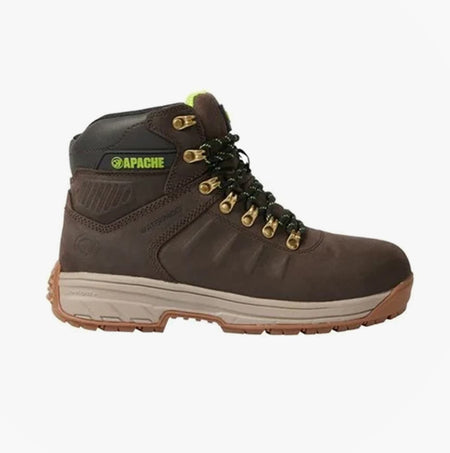 Apache MOOSE Unisex Boots Brown side view showcasing safety features and lace-up design.