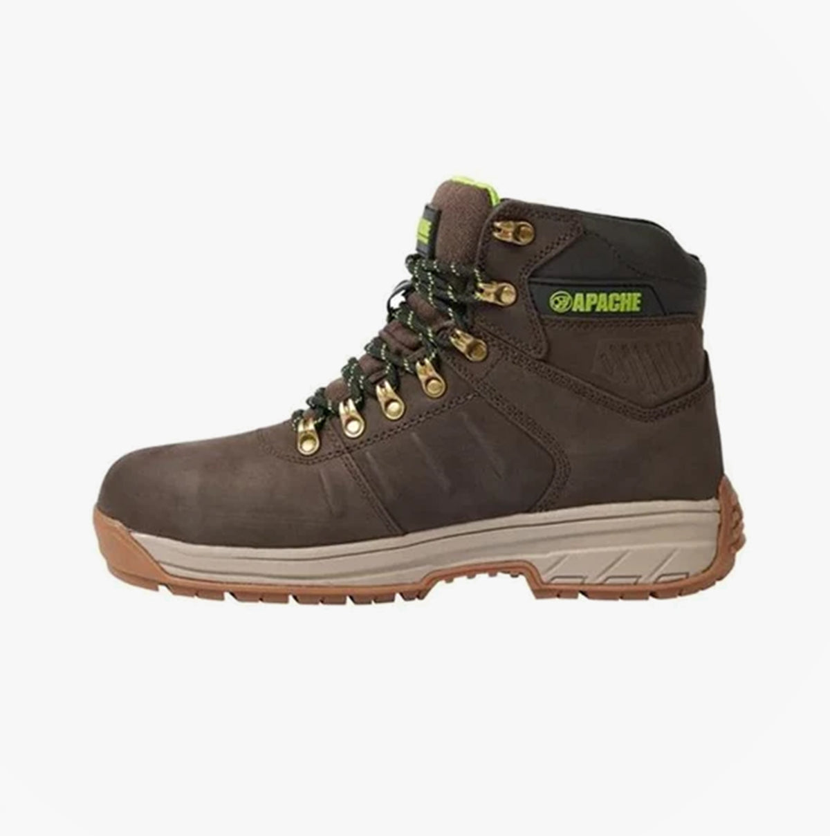 Apache MOOSE Unisex Boots Brown side view showcasing safety boot design and features.