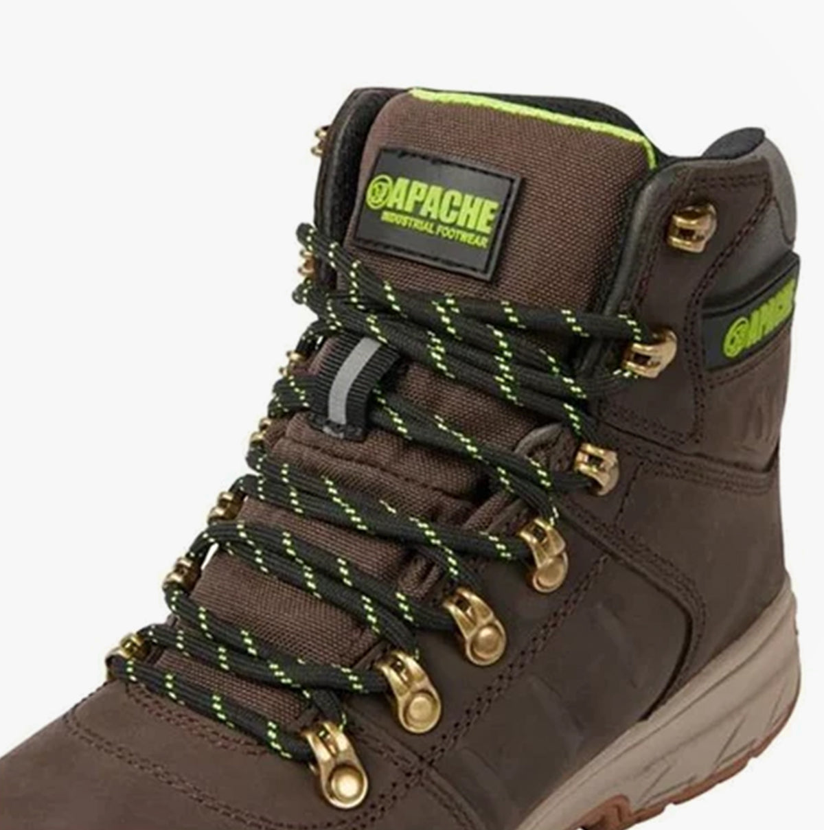 Apache MOOSE Unisex Boots Brown close-up view of laces and top design with green accents.