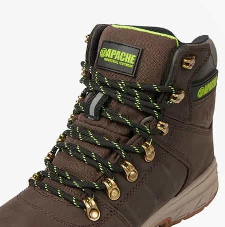 Apache MOOSE Unisex Boots Brown close-up view of laces and top design with green accents.