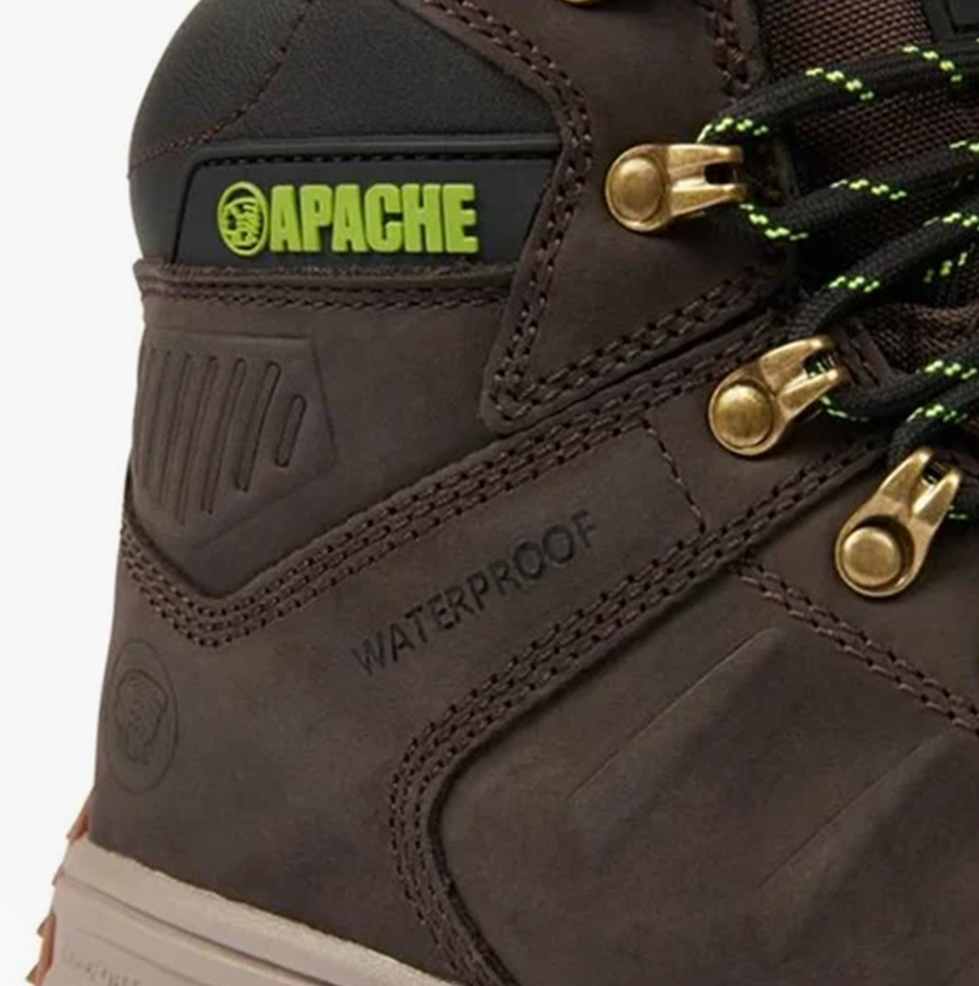 Apache MOOSE Unisex Boots Brown detail view highlighting waterproof material and lace-up design.