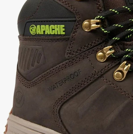 Apache MOOSE Unisex Boots Brown detail view highlighting waterproof material and lace-up design.
