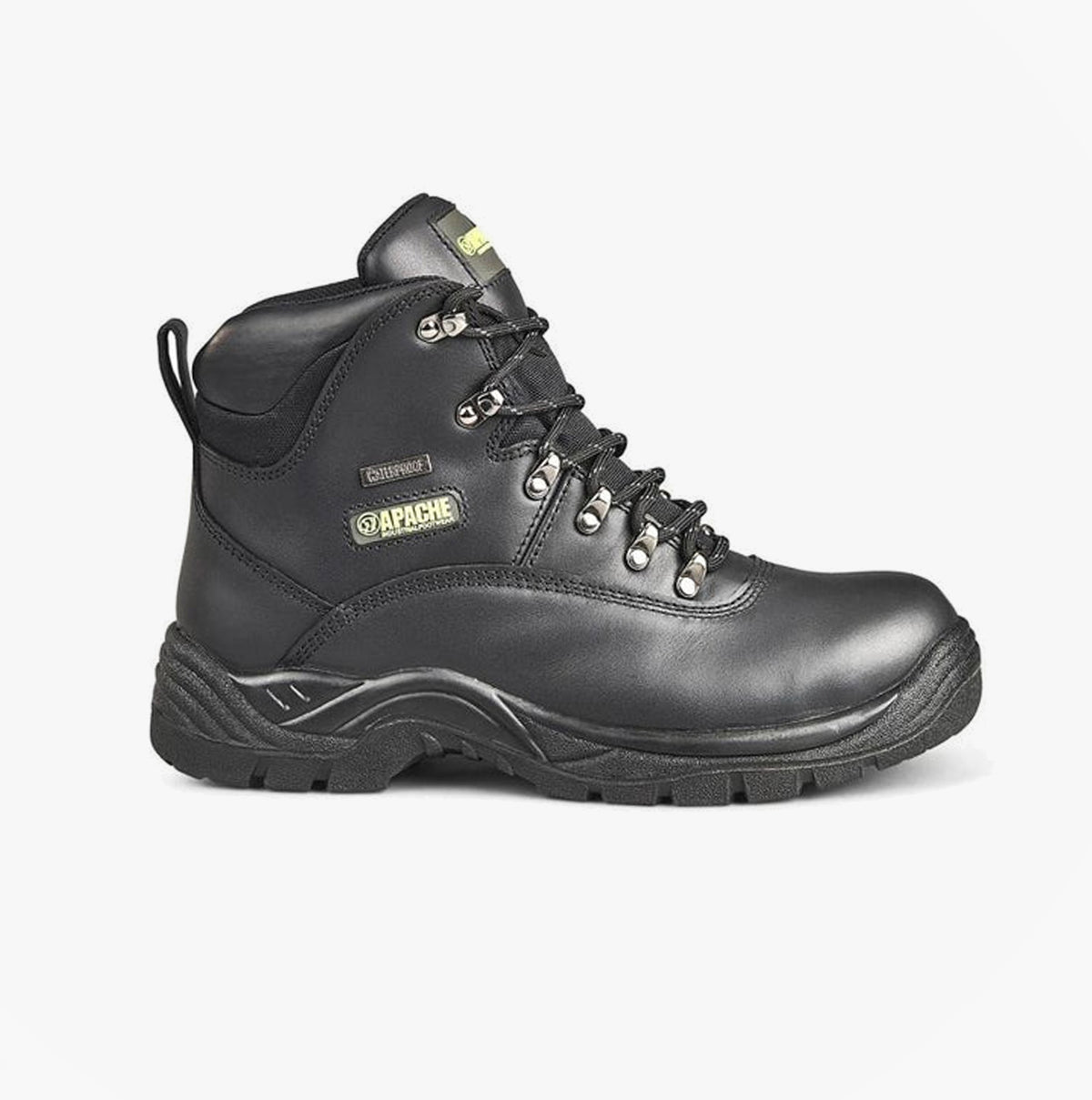 Apache SS812SM Unisex Boots Black side view showcasing leather upper, lace-up closure, and rubber sole.