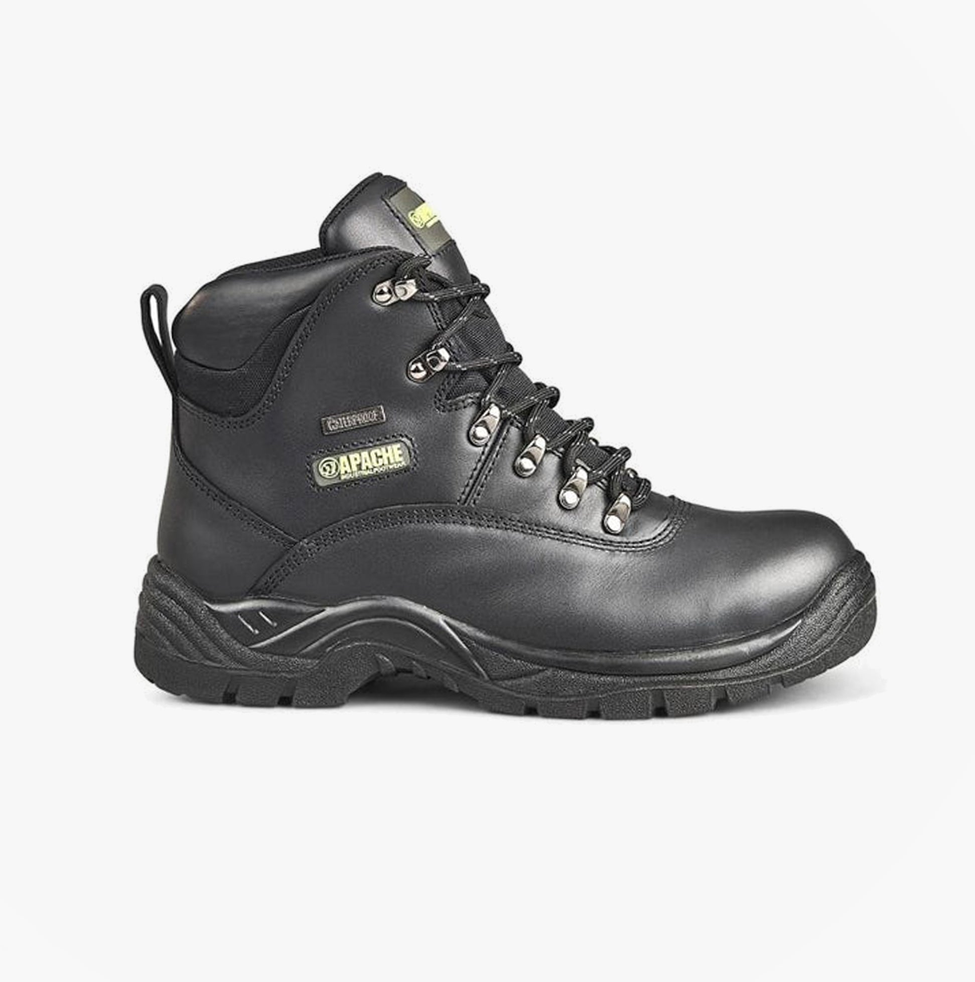 Apache SS812SM Unisex Boots Black side view showcasing leather upper, lace-up closure, and rubber sole.