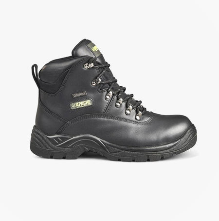 Apache SS812SM Unisex Boots Black side view showcasing leather upper, lace-up closure, and rubber sole.