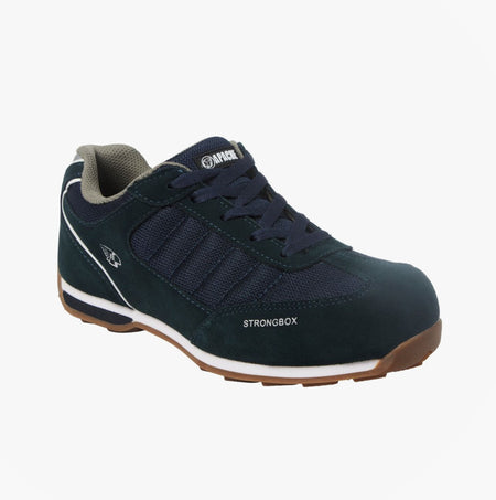 Apache STRIKE Mens Trainers Navy, side view, lace-up safety trainers with suede leather upper and rubber sole.