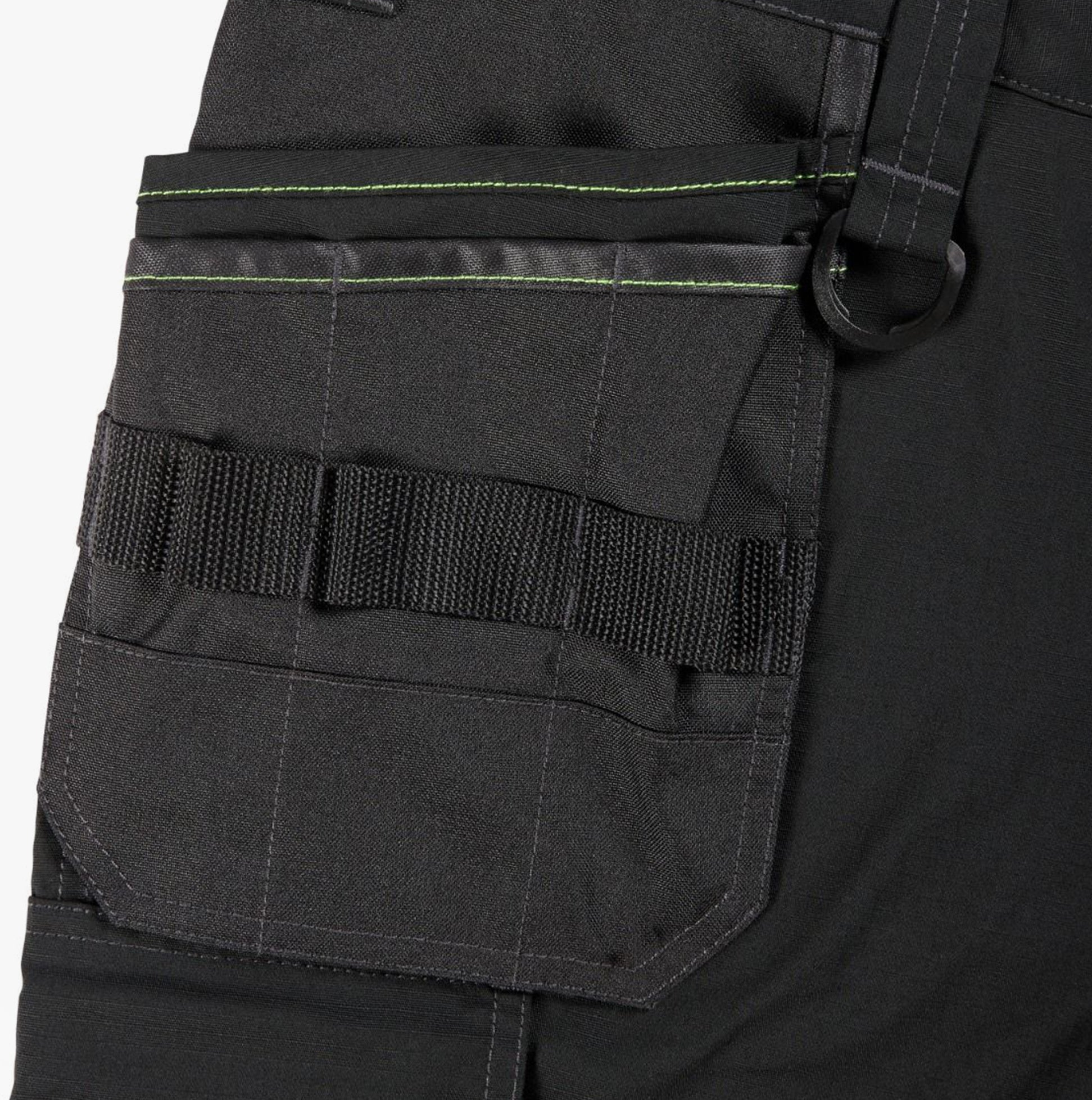 Apache SUDBURY Mens Trousers Black detail view of cargo pocket with strap and stitching.