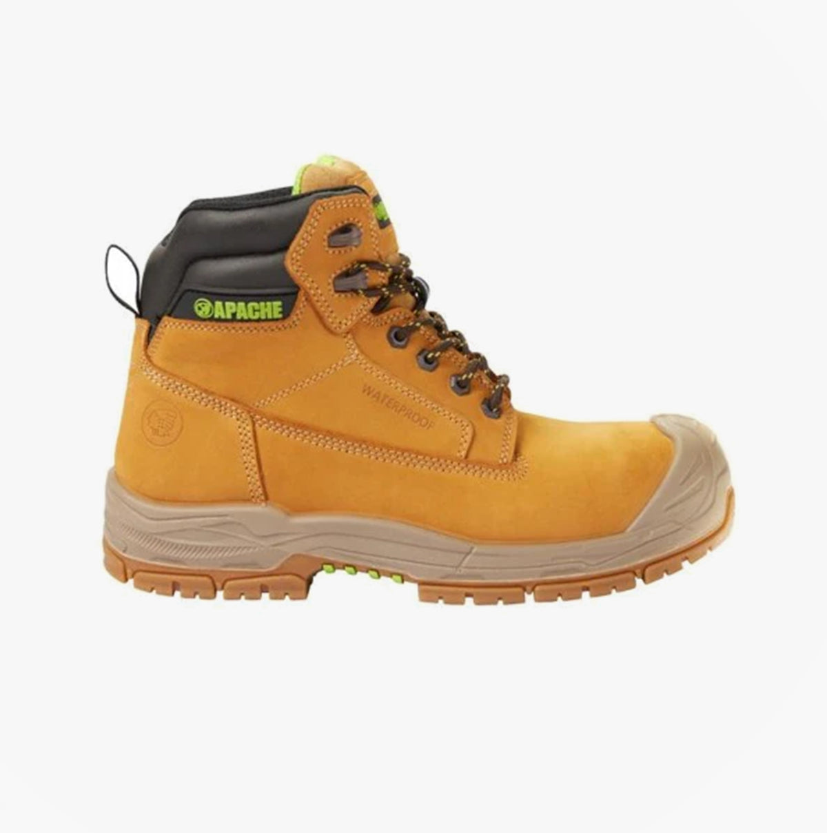 Apache THOMPSON Unisex Boots Wheat side view showing leather upper, lace-up closure, rubber sole, and composite toe cap.