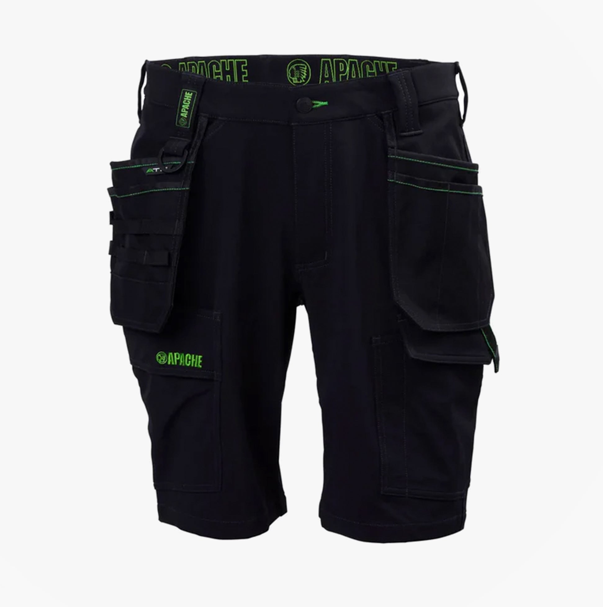 Apache WHISTLER Mens Workwear Shorts Black front view featuring multi-pocket design and green accents.