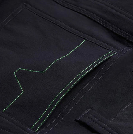 Apache WHISTLER Mens Workwear Shorts Black detailed view of multi-pocket with green stitching