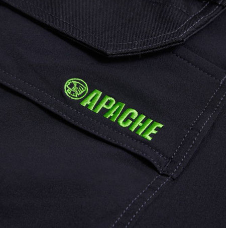 Detail view of Apache WHISTLER Mens Workwear Shorts Black featuring green logo embroidery.